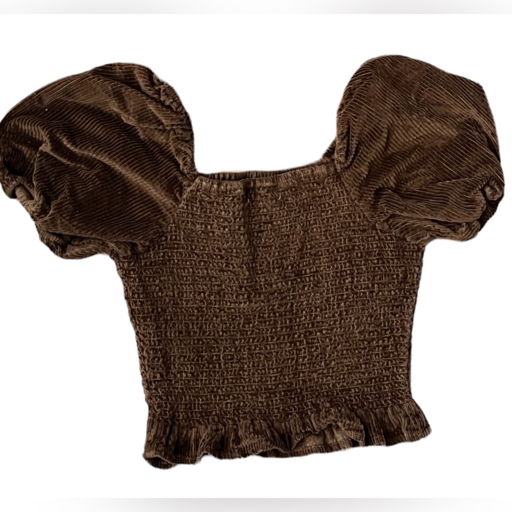 American Eagle Top Brown Short Sleeve Smocked Crop Peasant Boho Puff Sleeve